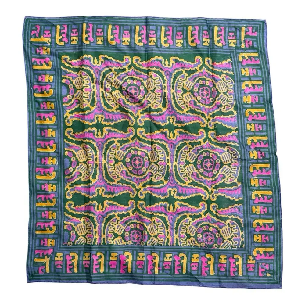 Ethnic Silk Scarf Green Pink Blue Yellow Abstract Aztec Incan Print Square 21” - Picture 1 of 4